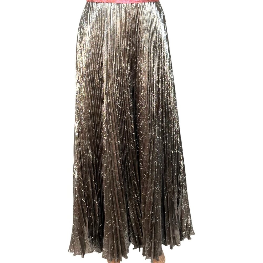 Precious Formals Metallic Silver Strapless Gown Pleated with Scarlet Band Sz 12 - Picture 5 of 10